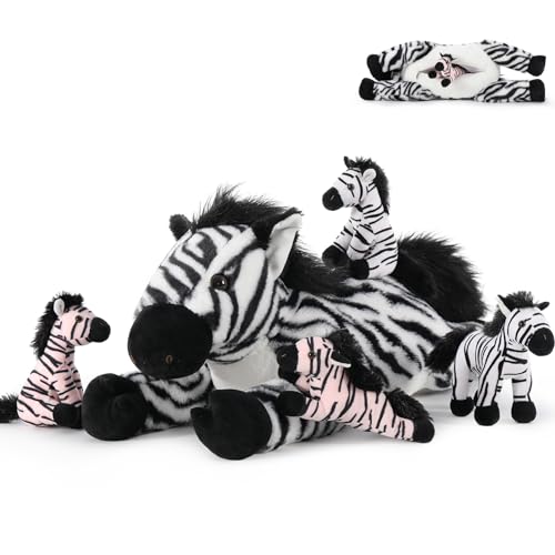 BENINY 5 in 1 Big Zebra Stuffed Animals Set, 25 inch Large Mommy Stuffed Zebra Plush with 4 Cute Zebra Babies Toy, Soft Zebra Plush Gift for Boys Girls