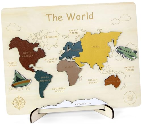 Explore & Learn: Montessori Wooden World Map Puzzle - Educational Geography Toy for Kids (Green/Earthy)