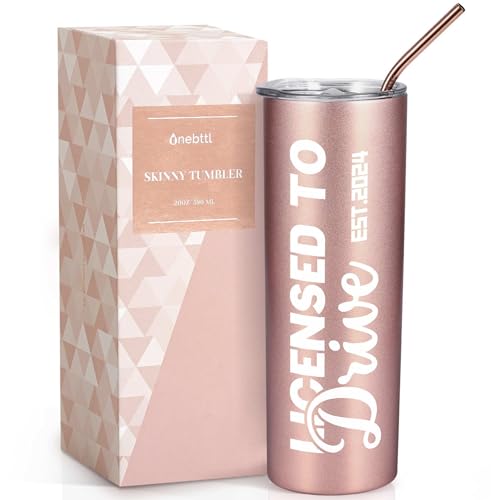 Onebttl New Driver Gifts for Girls - Licensed to Drive EST.2024-20oz/590ml Stainless Steel Insulated Tumbler with Straw, Lid - Cups Gift for New Driver - (Rose Gold)