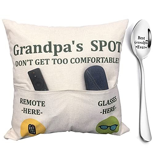 ZUYUROU Grandpa Gifts,2-Pocket Grandpa’s Spot Throw Pillow Covers 18x18 Inch + Engraved Spoon, Fathers Day Birthday Christmas Thanksgiving Day Gifts for Papa, Granddad