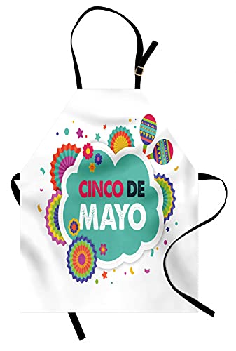 Lunarable Cinco de Mayo Apron, Mexican Fiesta Themed Typographic Image with Ornaments and Maracas, Unisex Kitchen Bib with Adjustable Neck for Cooking Gardening, Adult Size, Seafoam Magenta
