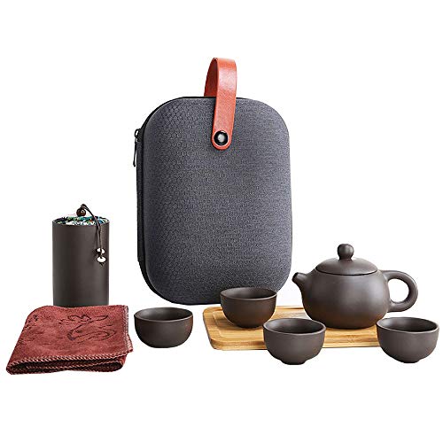 Queena Portable Yixing Zisha Tea Set Handmade Purple Clay Porcelain Teapot Teacups Traditional Chinese Style Kungfu Teapot with Travel Bag Gift for Dad Grandpa Husband