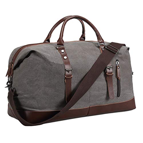 Ulgoo Duffel bag Oversized Canvas Travel Bag PU Leather Weekend Bag Overnight (Grey)