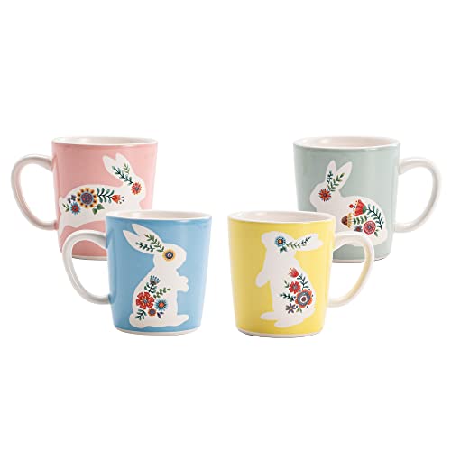 Bico Vintage Floral Bunny Ceramic Mugs, Easter Cup Set, 18oz, Set of 4, for Coffee, Tea, Drinks, Microwave & Dishwasher Safe