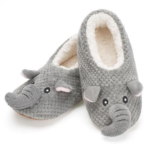 cosyone1997 Cute Slippers for Women Adults Kids Girls Boys Teens, Fuzzy Bedroom Shoes Indoor, Soft Cozy Fluffy House Socks, Unique Funny Christmas Gifts for Mom Animal Lovers, Elephant Size 7-8