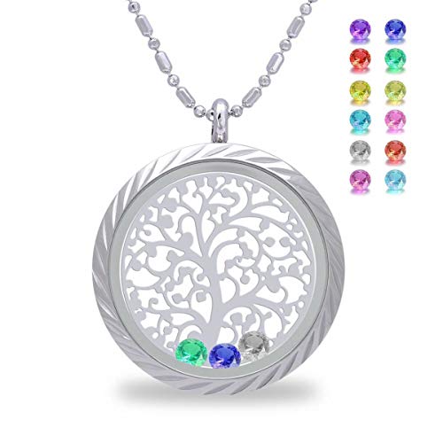 Birthstone Tree of Life Necklace, Screw Open Floating Charm Locket, Included 24 Birthstones & 2 Family Tree Plate, Birthday Gifts for Mom, Mother, Grandmom, Daughter, Son (Engraving)