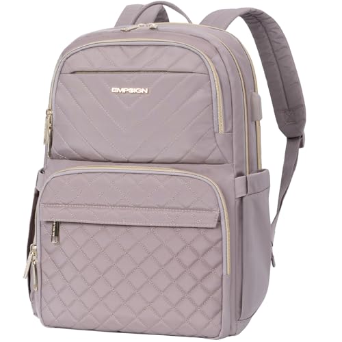 EMPSIGN Laptop Backpack Purse for Women and Men with USB Charging Port, 15.6 Inch Travel Water Resistant Quilted Backpack, High-Capacity 30L Work Business Computer Backpack, Quilted Grey Pink