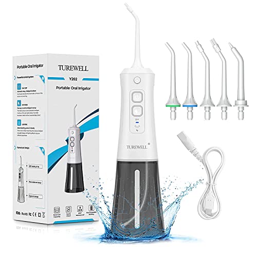 TUREWELL Water Flosser Cordless, Oral Irrigator for Teeth, Portable Waterpick with DIY Mode and 3 Replacement Jets, IPX7 Waterproof Electric Dental Flosser for Travel/Home/Braces (White)