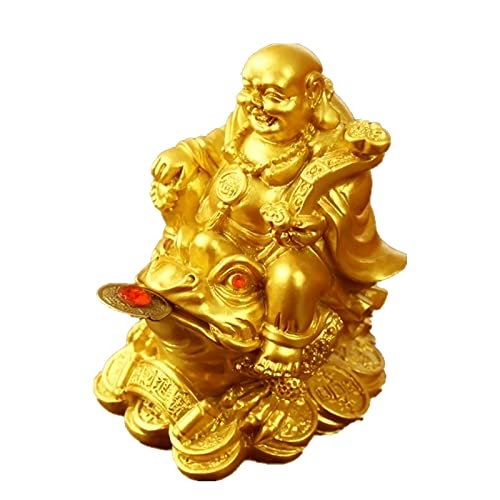 YODOOLTLY Feng Shui Laughing Buddha, Wealth Laughing Buddha Sit on Money Frog Statue Lucky Toad Car Ornaments Home Office Decoration (Gold)