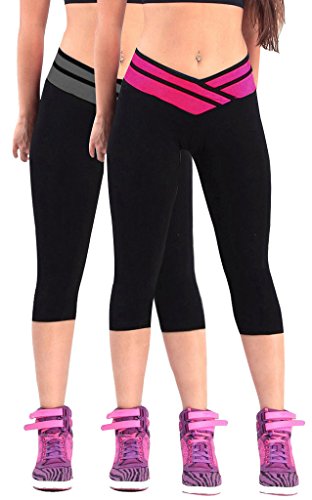 iLoveSIA Women's Tights Capri Legging Rose Red+ Grey US Size S