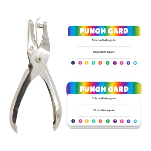 EBOS Punch Cards, Pack of 200 Reward Punch Cards 2 x 3.5' with Handheld Puncher, Reward Incentive Award for Kids, Behavior Punch Cards for Classroom, Students, Teachers, Business Loyalty Cards
