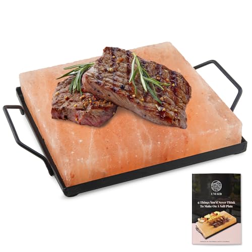 UMAID Himalayan Salt Block Cooking Plate 8x8x1.5 for Cooking, Grilling, Cutting and Serving, Food Grade Rock Salt Stone On Steel Tray with Recipe Pamphlet Unique Gifts for Men, Women, Dads & Cooks