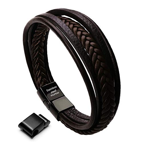 murtoo Mens Leather Bracelet with Clasp Cowhide Multi-Layer Braided Leather Mens Bracelet (brown leather&black clasp&8.3)