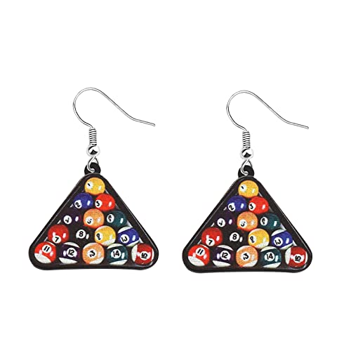 UJIMS Stainless Steel Billiards Earring for Women Girls, Funny Triangle Dangling Hook Earrings, Sport Pool Ball Lovers Jewelry (1.57inch Diameter)