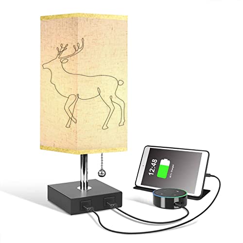 Bedside Table Lamp with 2 USB Ports Minimalistic One Line Reindeer Deer cervus elaphus Red deer Caribou Fabric Shade Dimmable Square Modern Nightstand Lamp Desk Lamp for Bedroom Living Room