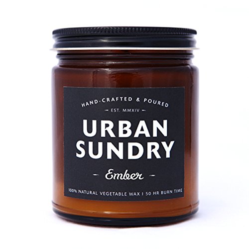 Natural Soy Wax Candle, Ember Fragrance, 50 Hours, Scent Notes of Cinnamon, Vetiver, Smoky Balsam, Birch Tar and Cedar Leaf, Men and Women, Amber Apothecary Glass Jar, Non-Toxic, by Urban Sundry