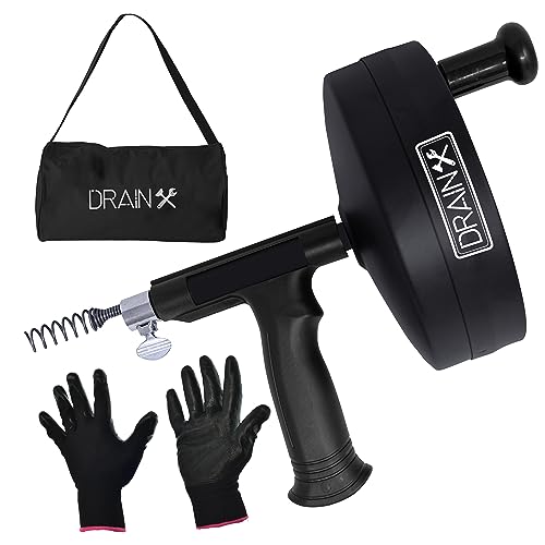 DrainX Pro Steel Drum Auger Plumbing Snake | Heavy Duty 25-Ft Drain Cable with Work Gloves and Storage Bag