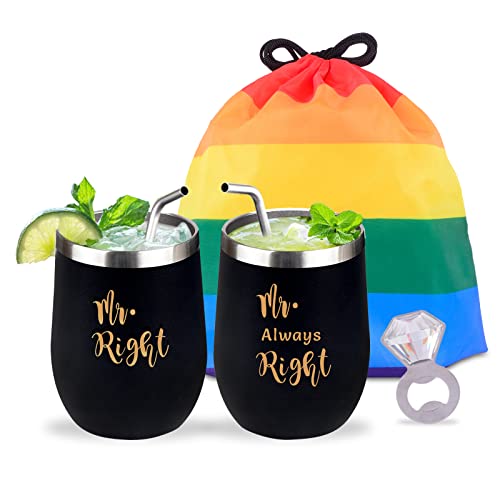 Mr and Mr Wine Tumbler Set, Gay Couple Gifts for Men, Engagement Wedding Anniversary House Warming LGBT Gift Idea - Pride Couple, Mr Always Right (black)