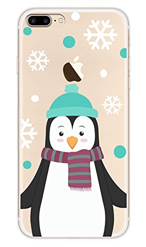 Buyus X-Mas Series Case for iPhone 8 Plus/ 7 Plus, Clear with Design, Soft Thin TPU Rubber Silicone Back Protective Cover with Cute Animal Pattern (Penguin with Blue Hat)