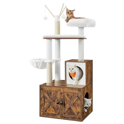 Feandrea Cat Tree with Litter Box Enclosure, 2-in-1 Modern Cat Tower, 54.3-Inch Cat Condo with Scratching Posts, Removable Pompom Sticks, Rustic Brown UPCT113X01