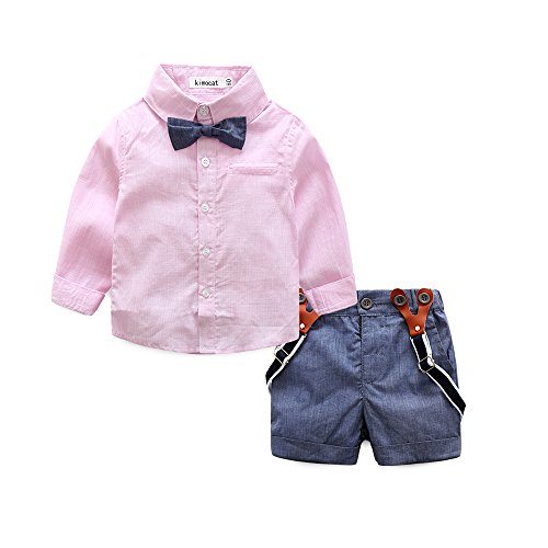 Baby Boy Shirt and Tie Sets Long Sleeve Woven Top+ Bowknot+ Shorts with Suspender Straps Outfits Pink
