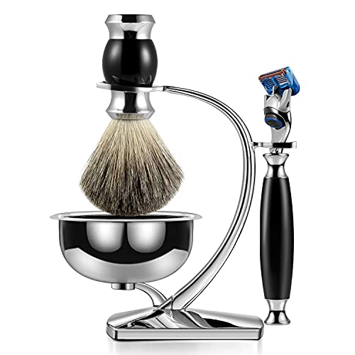 GRUTTI Gift for Father's Day Premium Shaving Brush Set with Luxury Badger Brush Stand and Brush holder for Soap Bowl and Manual Razor Compatible with Fusion 5