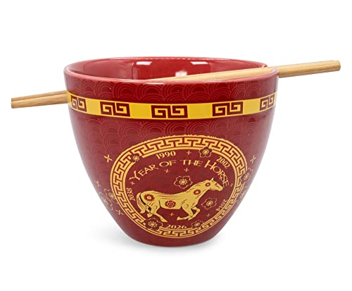 Boom Trendz Year Of The Horse Chinese Zodiac Ceramic Dinnerware Set | Includes 16-Ounce Ramen Noodle Bowl and Wooden Chopsticks Asian Food Dish For Home & Kitchen Kawaii Lunar New Gifts red One Size