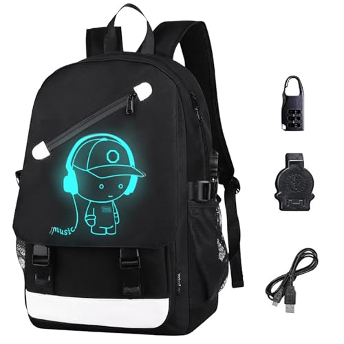 FLYMEI Anime Backpack for Boys, 15.6'' Laptop Backpack with USB Charging Port, Bookbag for School with Anti-Theft Lock, Black Teens Backpack Cool Backpack for Boys, Music Boy