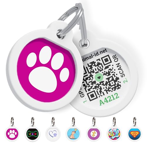 QR Code Dog Tag Silent Id Pet Tags Personalized Name Plate with Online Profile (Pink Paw, Small_Round)