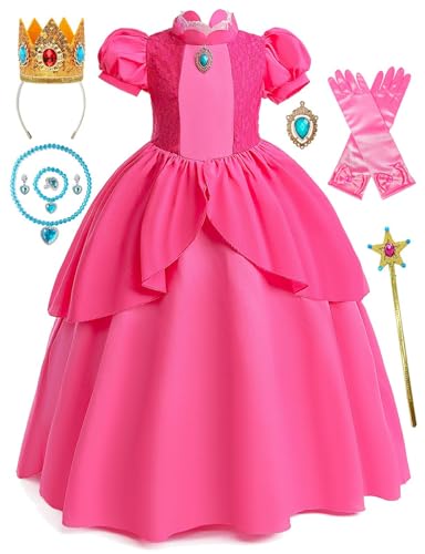 isswya Princess Peach Costume Kids Cosplay Super Brother Pink Princess Peach Halloween Birthday Party Dress Up Outfit 4-5Y