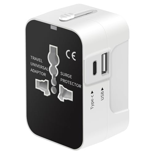 LKY DIGITAL Universal Travel Adapter USB C, International Power Adapter with 1 USB-C and 1 USB-A Ports, Type C Worldwide All in One Wall Charger for USA EU UK AUS (White)