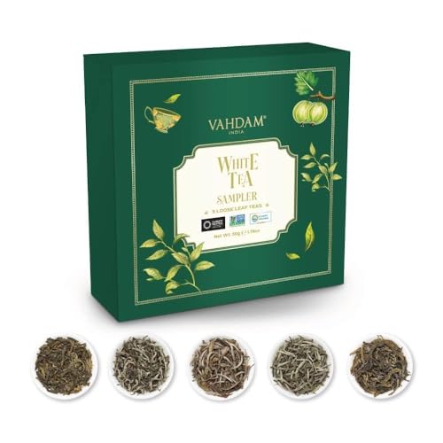 VAHDAM, White Tea Sampler Set - 5 Premium Unblended White Loose Leaf Tea From Round the Globe | Gluten Free, Non GMO Loose leaf Tea Sampler (1.76oz)