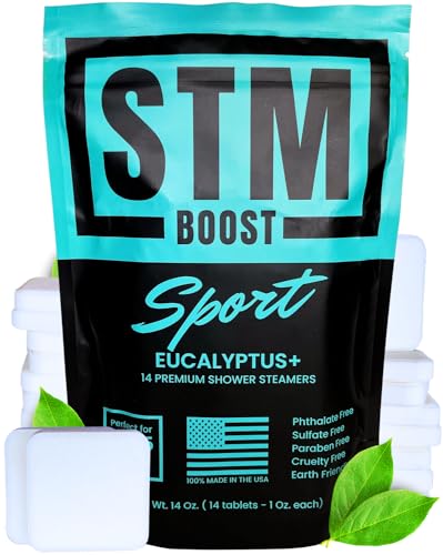 STM Boost Shower Steamers for Men, Women and Athletes - 14 Aromatherapy Shower Bomb Tablets Have Eucalyptus, Menthol for Sinus, Stress Relief, Relaxation and Recovery, Natural Shower Tabs, Great Gift