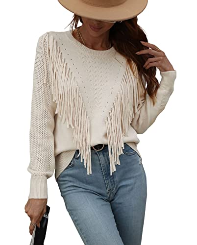 chouyatou Women's Casual Crewneck Fringe Tassel Knitted Pullover Sweater Jumper Tops (Small, Apricot)