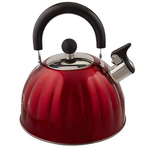 Mr. Coffee Twining 2.1 Quart Pumpkin Shaped Stainless Steel Whistling Tea Kettle, Metallic Red