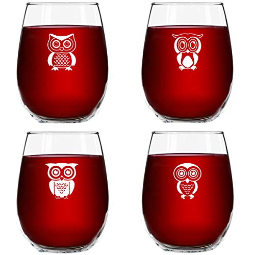 Cute Owl Wine Glass Set of 4 | Stemless Wine Glasses with 4 Unique Loveable Owls | 15 oz. Owl Decor Glasses | Makes Fun Owl for Women | Great Owl Kitchen Decor or New Home Gift Ideas | USA Made