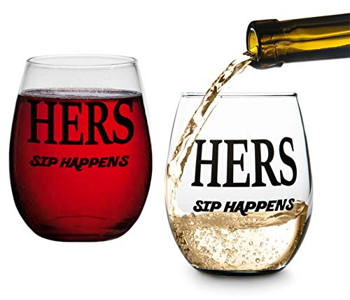 Hers and Hers, Sip Happens, Lesbian Couple Gifts, Stemless Wine Glasses, Perfect for Wedding, Anniversary, Newlyweds, Gay and Housewarming Gifts LGBT