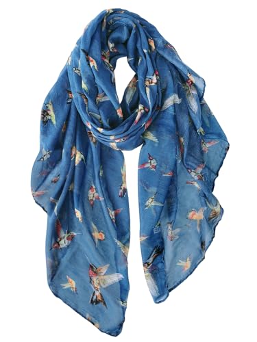 GERINLY Hummingbird Scarf for Women Light Neck Wrap Big Shawl for Bird Lover Gifts Cloth Scarves for Summer (DenimBlue)