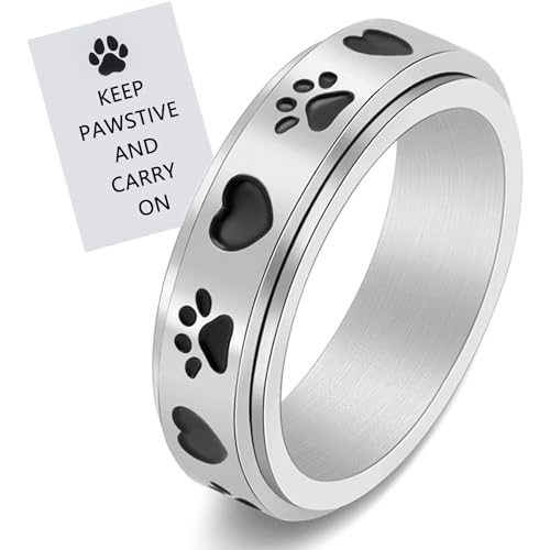 LYTTMAB Keep Pawstive Ring Anxiety Relieve Spinner Rings Cat Puppy Animal Love Heart Spinner Fidget Ring Sterling Silver Worry Stress Relieving Boredom ADHD Autism Ring for Women Men Size 6