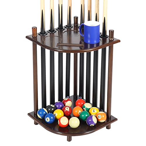 Lineslife Billiards Pool Stick Holder, Corner-Style Floor Stand Billiard Pool Cue Racks with Score Counters, Wood Billiard Cue Sticks Holds 8 Pool Cue Sticks a Full Set of Balls