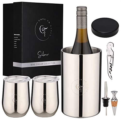 Cork to Table Wine Chiller Set | Premium Stainless Steel Champagne & Wine Cooler | Includes Wine Tumblers with Lids | Wine Accessories | Wine Gifts for Women