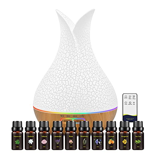 Katusie 500ML Essential Oil Diffuser with 10 Essential Oils Gift Set, Aromatherapy Diffuser Humidifier with 2 Mist Mode 4 Timers＆ 7 Ambient Light Waterless Auto Off for Large Room Home Office