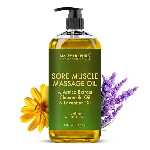 MAJESTIC PURE Arnica Sore Muscle Massage Oil for Massage Therapy - Natural Oil with Lavender and Chamomile Essential Oils - Multipurpose Instant Absorption Full Body Massage Oil - 8 fl. oz.