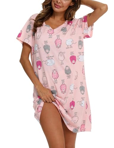 ENJOYNIGHT Womens Nightgowns Cotton Sleepwear Plus Size Sleep Shirts Short Sleeves Nightshirt Print Sleepshirt (X-Large, Sheep)
