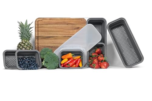 TidyBoard Meal Prep Cutting Board with Containers - Acacia Wood Cutting Board with Silicone Containers and Lids - Meal Prep Station with Strainer - Over-the-Sink Chopping Board (Starter Pack, Grey)