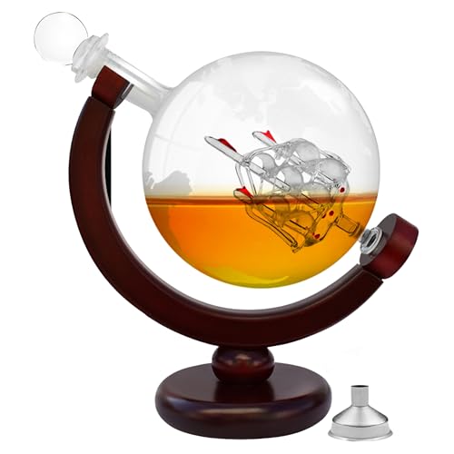 Flybold Whiskey Decanter Whiskey Globe Decanter and Glass Set Antique Handblown Ship Decanter Certified Safe Gifts for men Scotch Bourbon Wine Rum Tequila Decanter 28oz 850ml