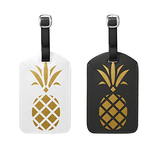 MRMIAN Golden Pineapple on White and Black Background Leather Travel Luggage Tags Set of 2 Funny Personalized PU Bag Suitcase Labels with Strap Identification Card for Women Kids Men Girls Boy