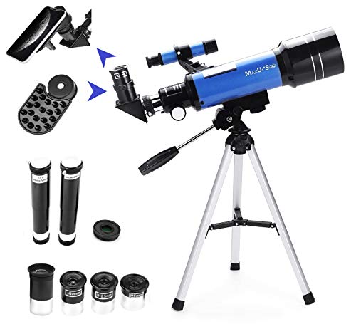 MaxUSee 70mm Telescope for Kids & Astronomy Beginners, Refractor Telescope with Tripod & Finder Scope, Portable Telescope with 4 Magnification eyepieces & Phone Adapter blue