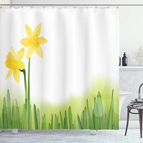 Ambesonne Daffodil Shower Curtain, Daffodil Flower in Grass Field Meadows Freshening Uniform Colored Illustration, Cloth Fabric Bathroom Decor Set with Hooks, 69' W x 75' L, Green Yellow