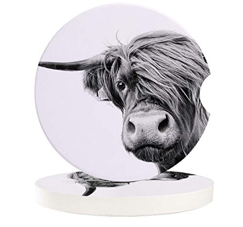Absorbent Car Coasters for Cup Holders Set of 2 Grey Art Highland Animals Yak, 2.56inch Ceramic Stone Drink Coaster Car Accessories for Women Men, Wildlife Cow